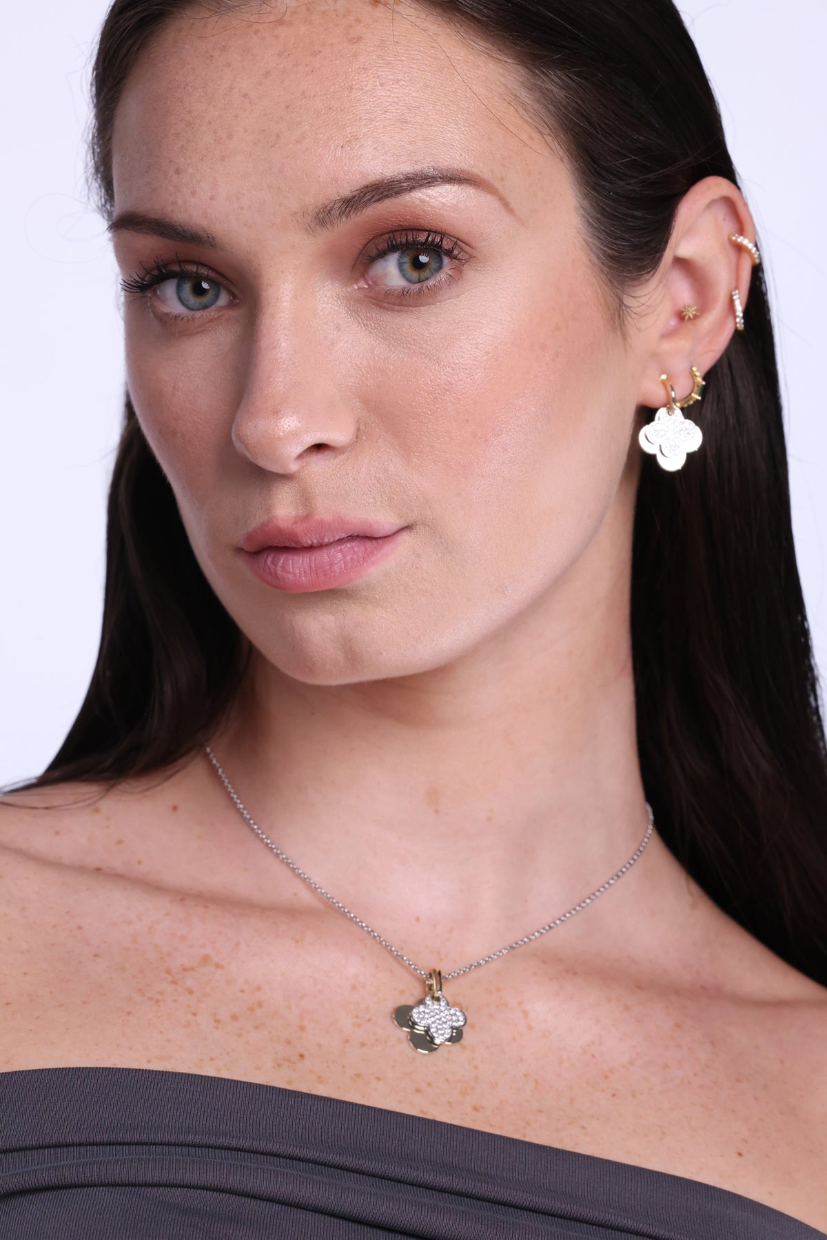 Gold and Silver Pavé Clover Earrings