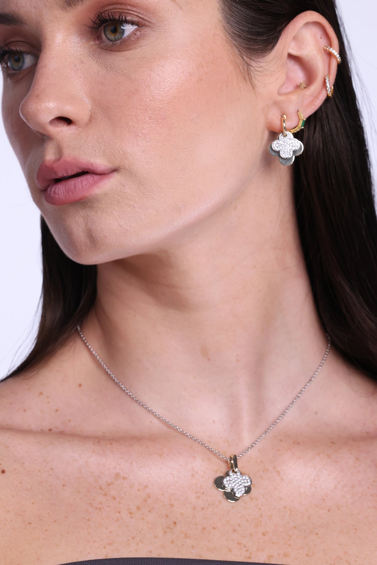 Gold and Silver Pavé Clover Necklace
