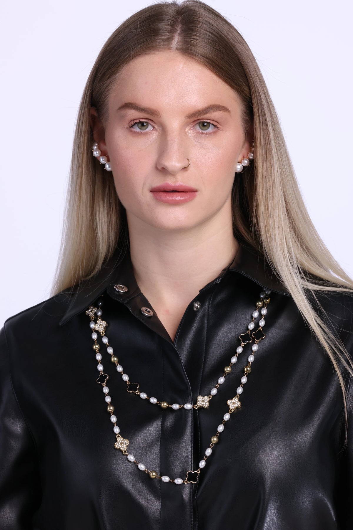 Long Pearl and Clover Necklace