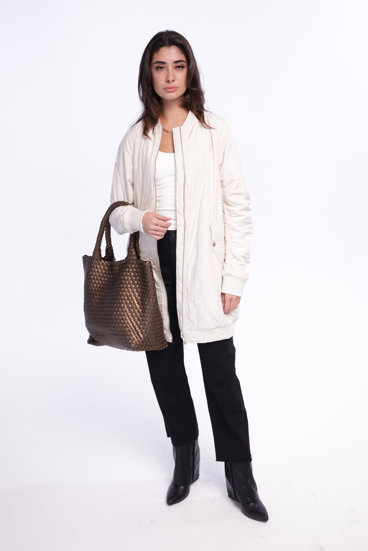 Eggshell Quilted Bomber Jacket