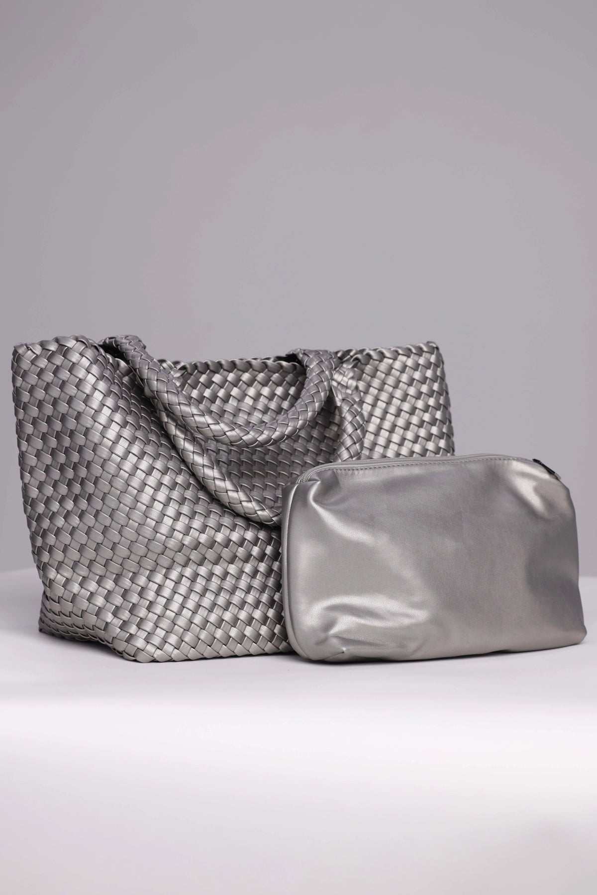 Silver Vegan Leather Woven Tote