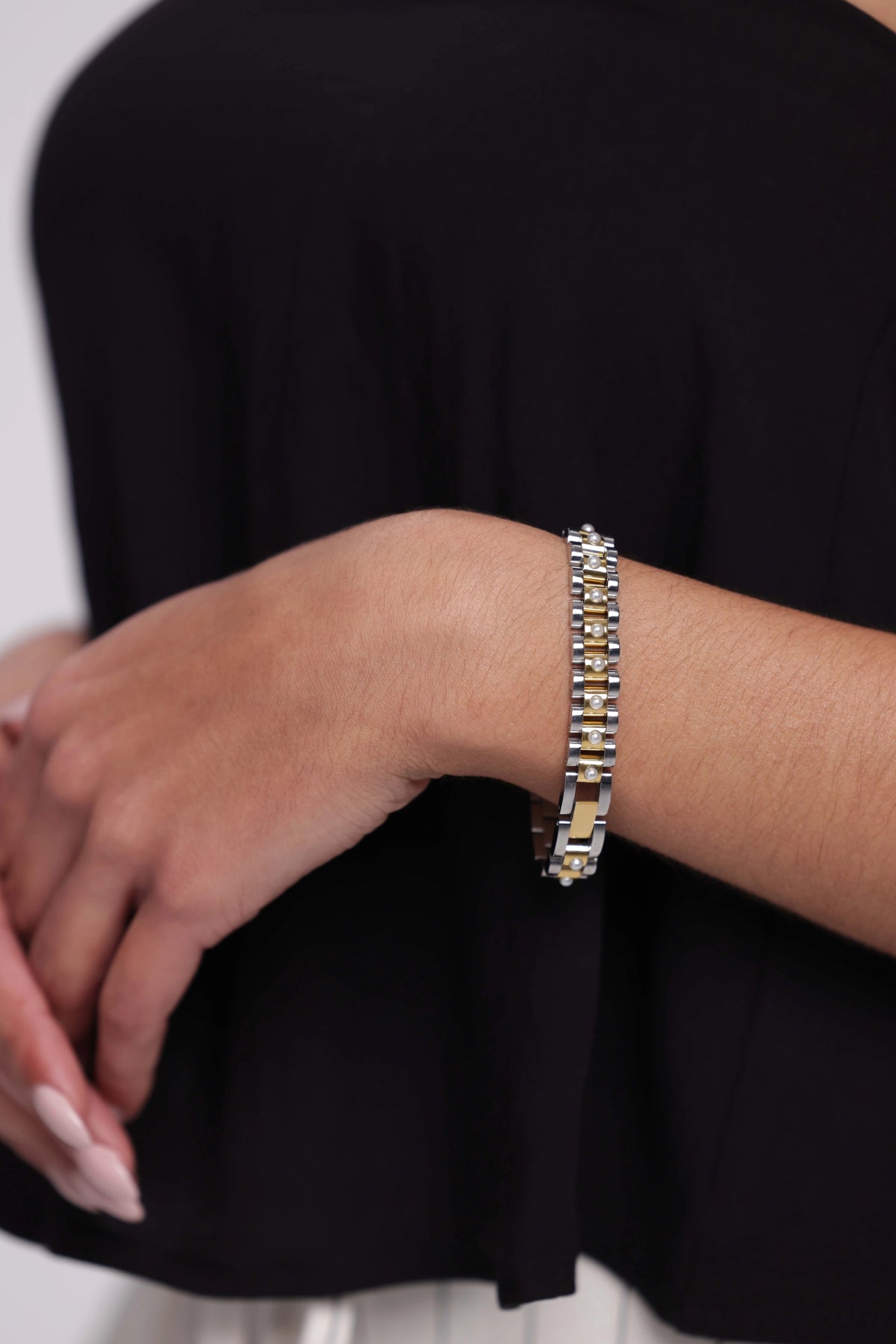 Two-Tone Watch Band Bracelet with Crystal Inlay