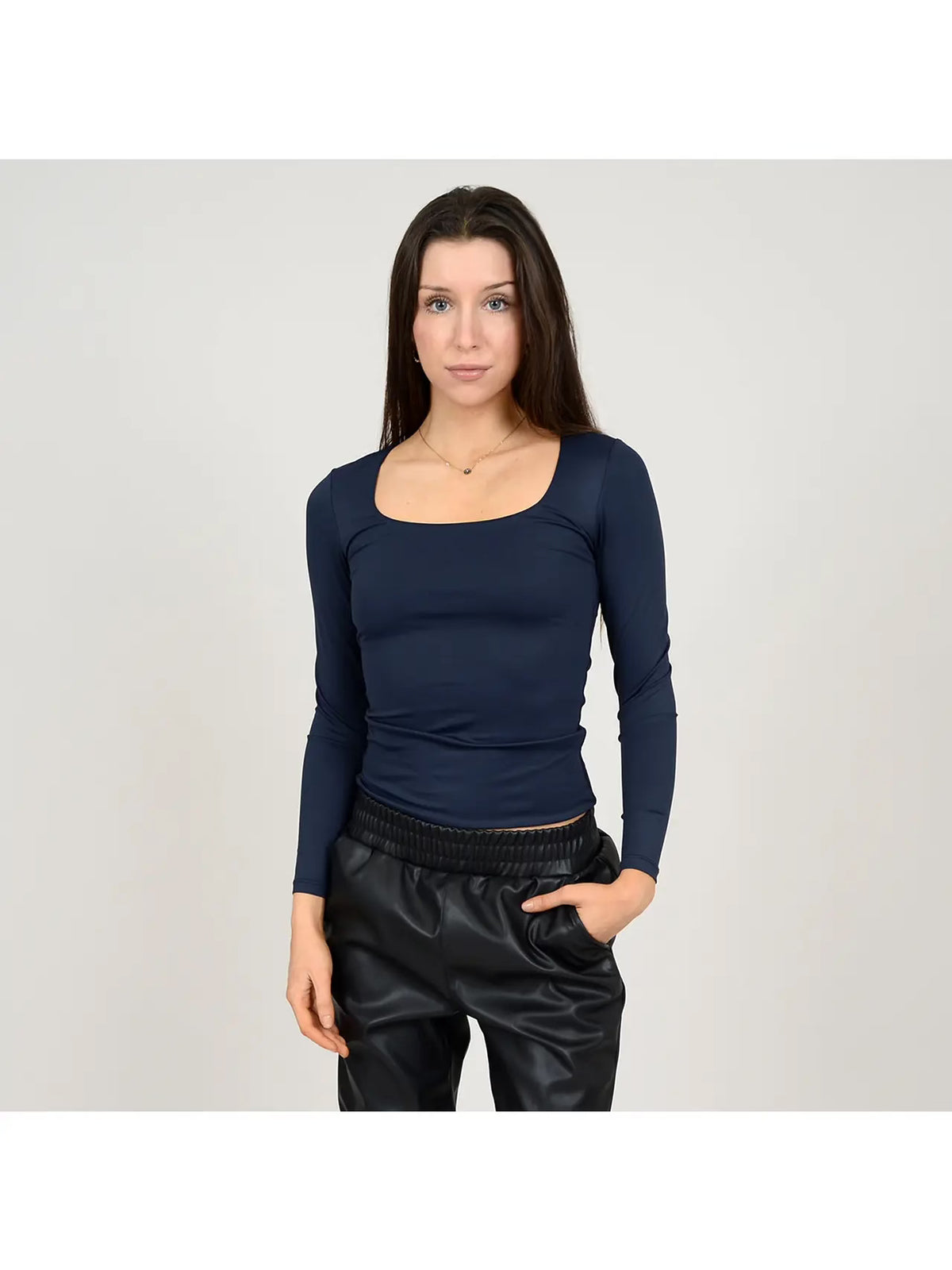 Navy Long Sleeve U-Neck Top