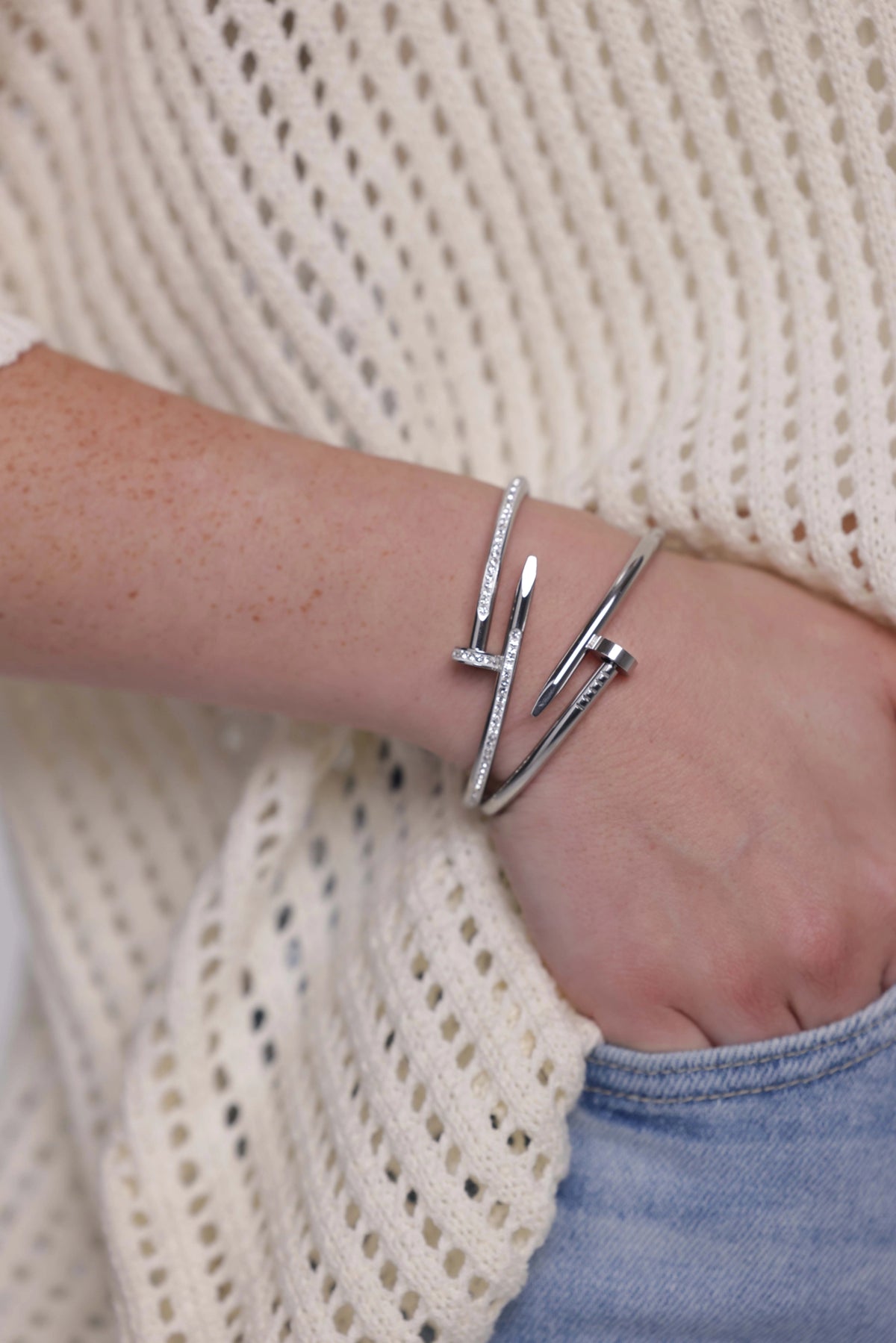 Silver Nail Bracelet with Crystal Inlay